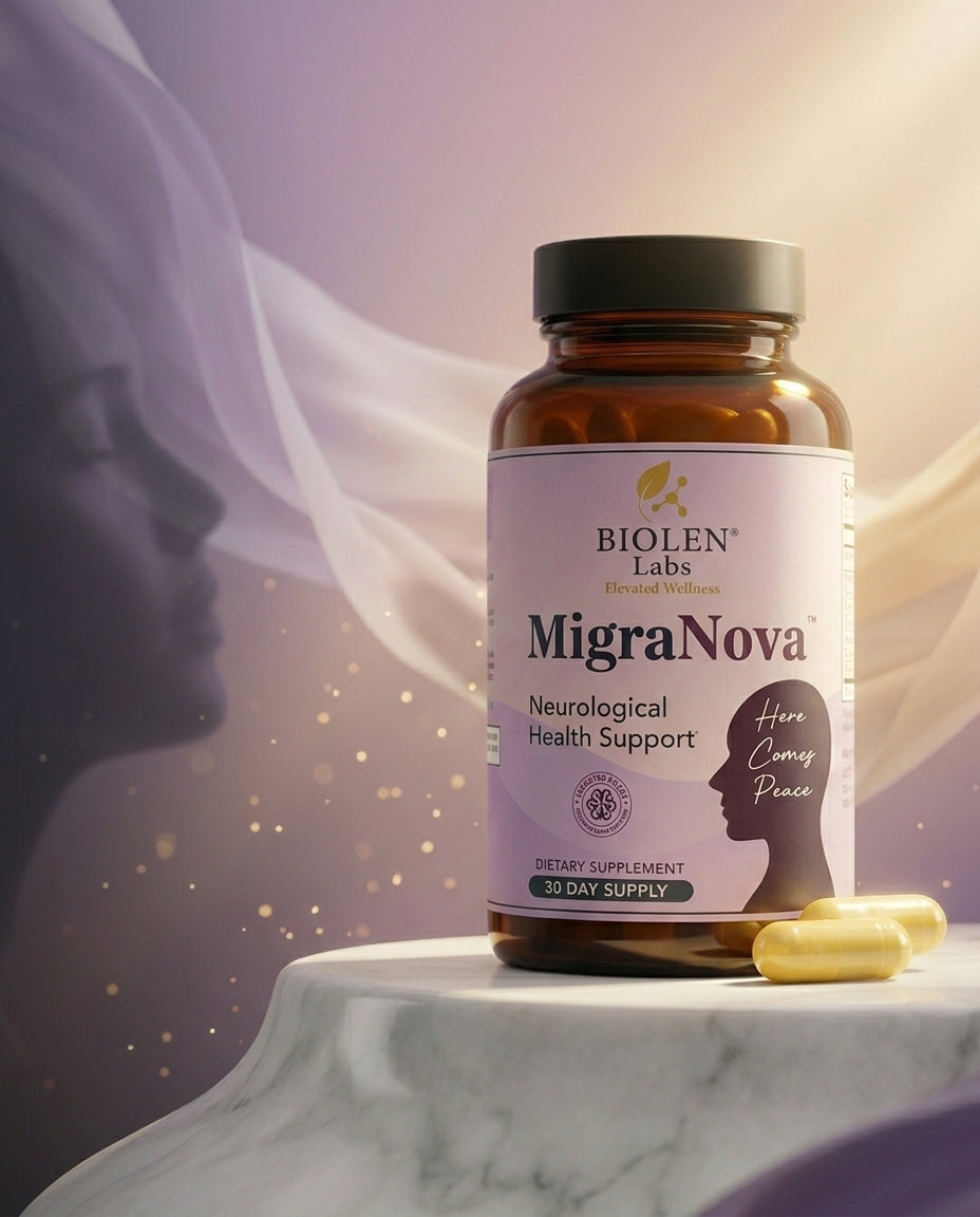 MigraNova daily migraine support supplement on a marble pedestal